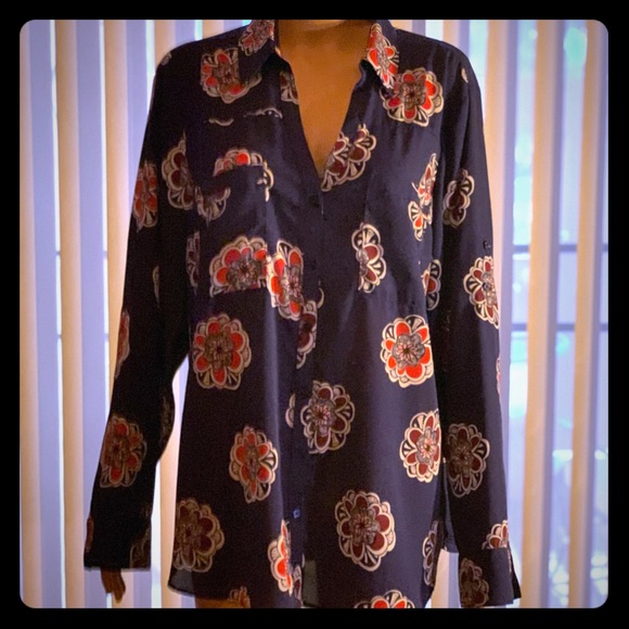 Express Tops - Express Navy Floral Button Front 3/4 Inch Or Roll Sleeve Business Casual Blouse